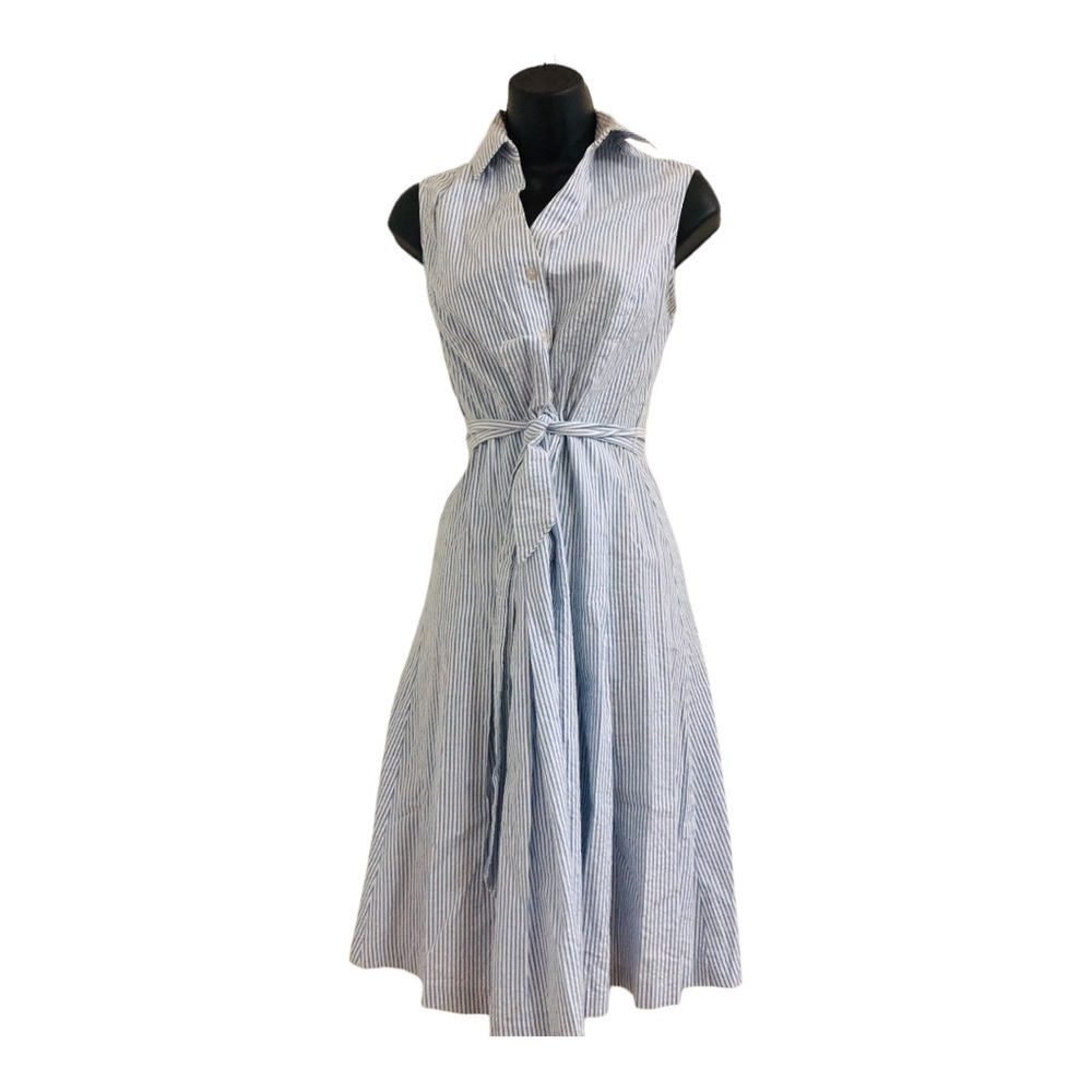 JonesNY white blue pinstripe button down seersucker style cotton Dress size 4 - Picture 6 of 16
